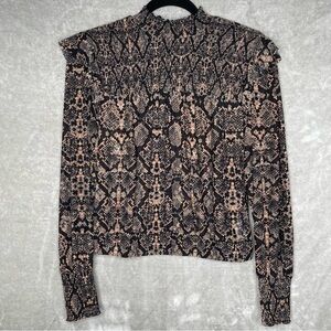 Scoop Sheer Animal Print Long Sleeve Smocked Blouse Top Size Small